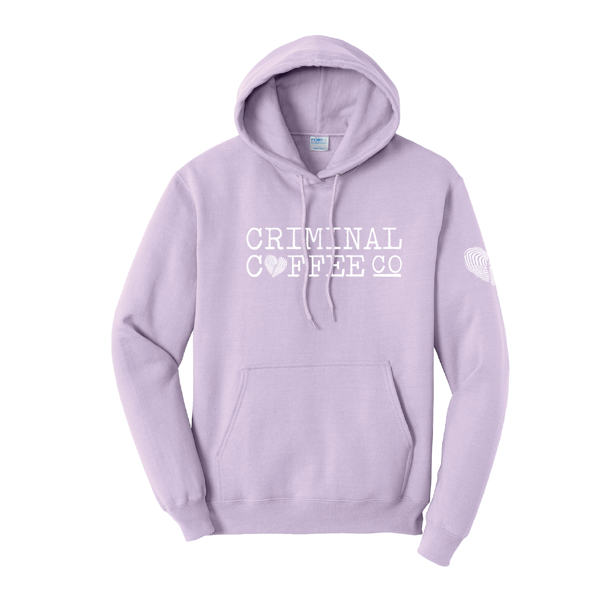 Lavender hoodie with 'Criminal Coffee Co.' text on a white background