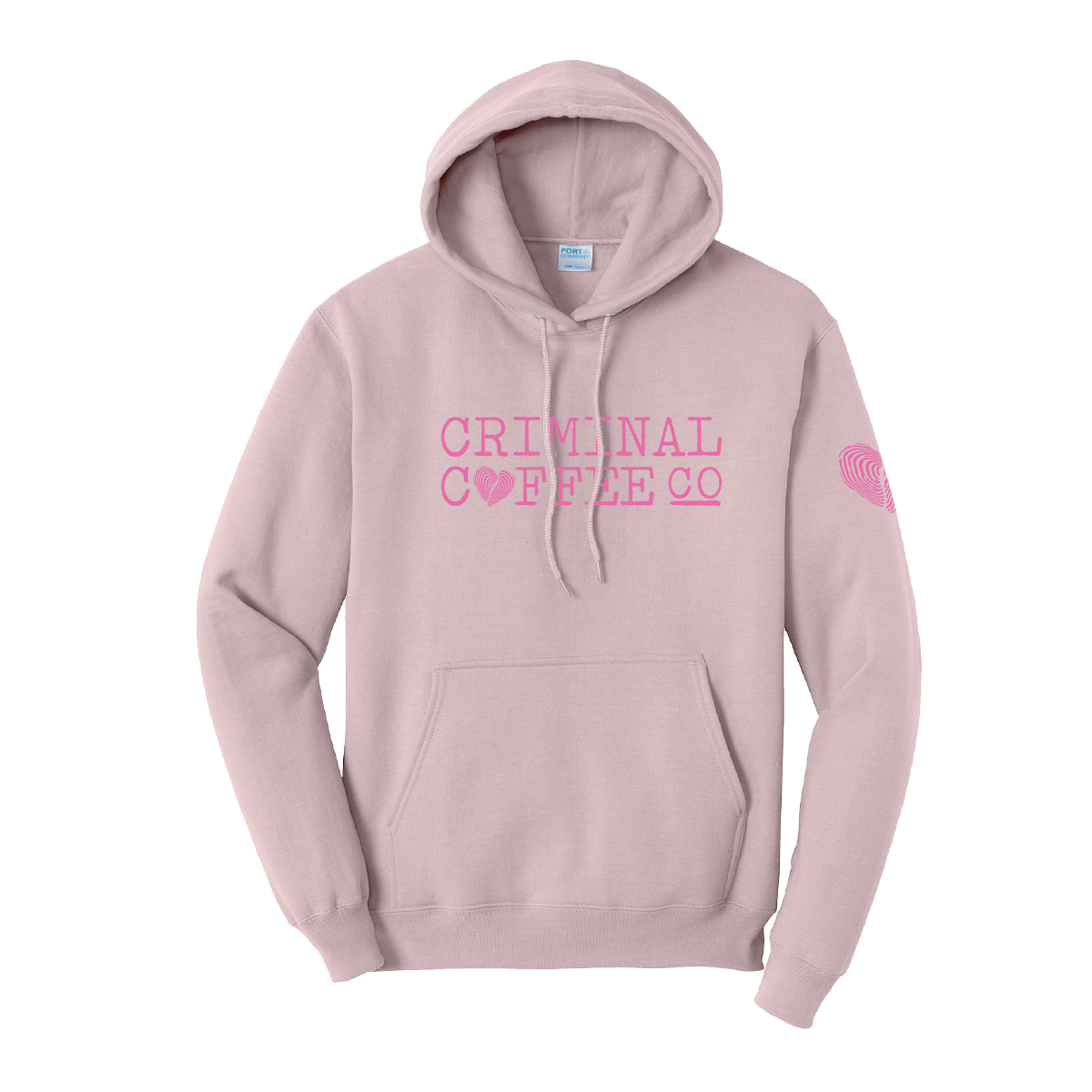 Pink hoodie with 'Criminal Coffee Co' text on a white background