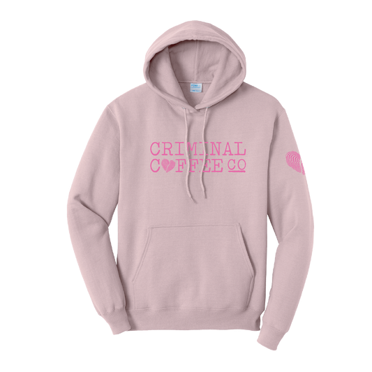 Pink hoodie with 'Criminal Coffee Co' text on a white background
