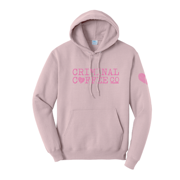 Pink hoodie with 'Criminal Coffee Co' text on a white background